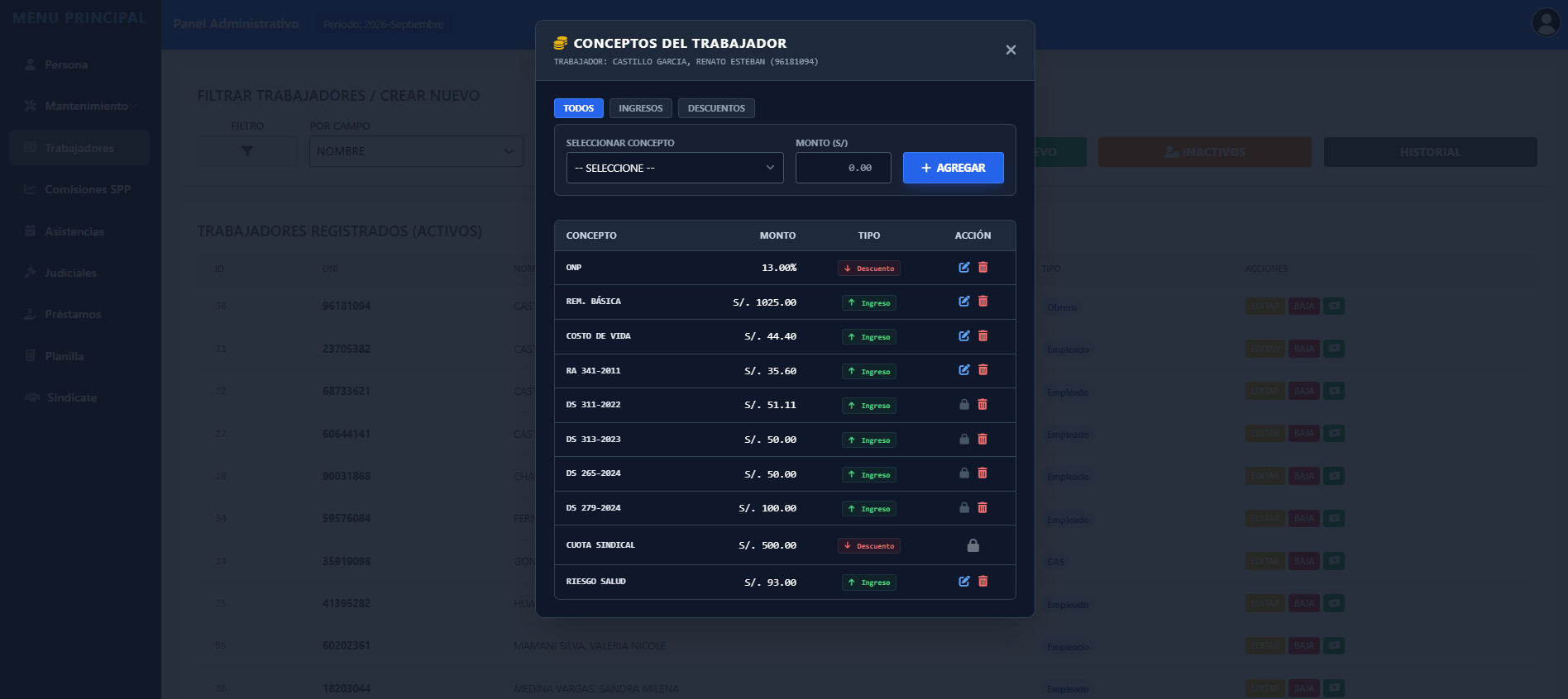 Conceptos del trabajador: ingresos y descuentos asignados