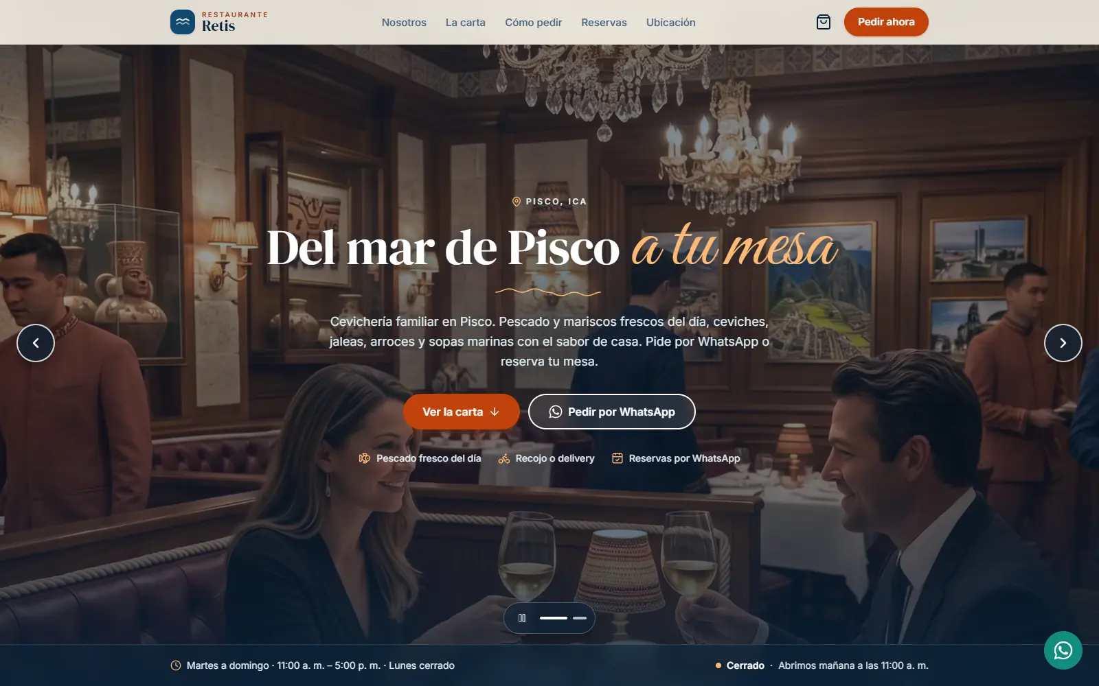 Portada de Restaurante Retis: carrusel de fotos con el lema “Del mar de Pisco a tu mesa”, botones para ver la carta y pedir por WhatsApp