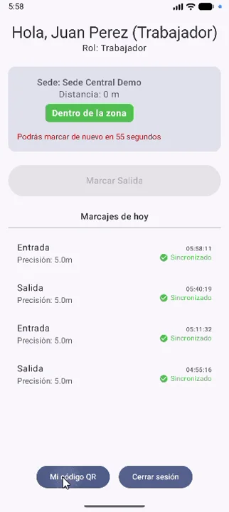 Trabajador dentro de la zona de la sede, a 0 metros, con sus marcajes sincronizados