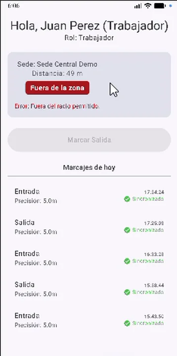Trabajador a 49 metros, fuera del radio permitido: el botón de marcar queda bloqueado