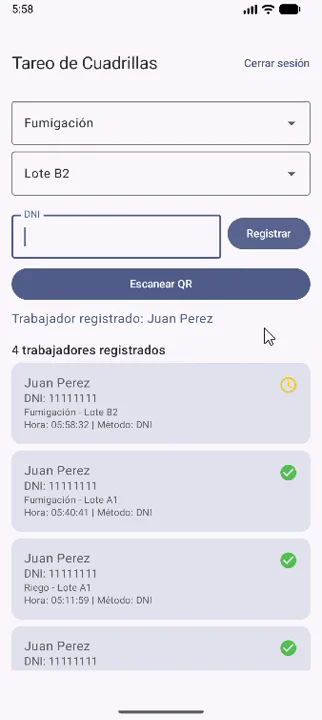 Tareo de cuadrilla: labor, lote, registro por DNI o QR y lista de trabajadores del día